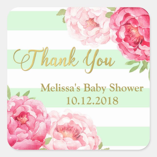 Mint Stripes Pink Floral Baby Shower Thank You Square Sticker (Front)
