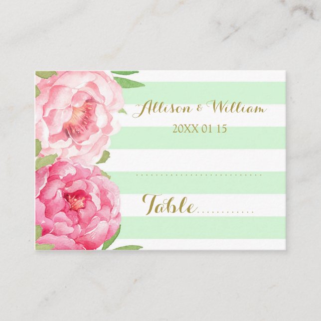 Mint Stripes Pink Floral Table Place Setting Cards (Front)