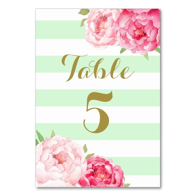 Mint Stripes Pink Floral Wedding Table Number Card (Front)