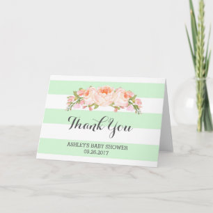 Mint Stripes Pink Flowers Baby Shower Thank You