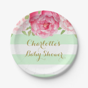 Mint Stripes Pink Watercolor Baby Shower Plate