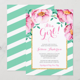 Mint Stripes Pink Watercolor Floral Baby Shower Invitation