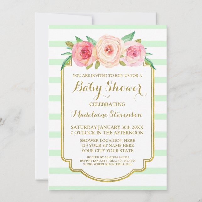 Mint Stripes Pink Watercolor Floral Baby Shower Invitation (Back)