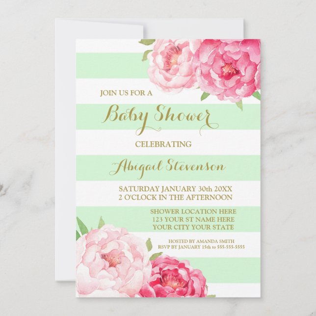 Mint Stripes Pink Watercolor Flowers Baby Shower Invitation (Back)