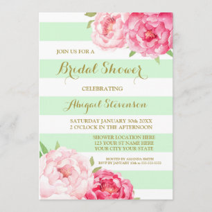 Mint Stripes Pink Watercolor Flowers Bridal Shower Invitation