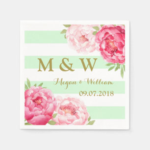 Mint Stripes Pink Watercolor Wedding Monogram Napkin