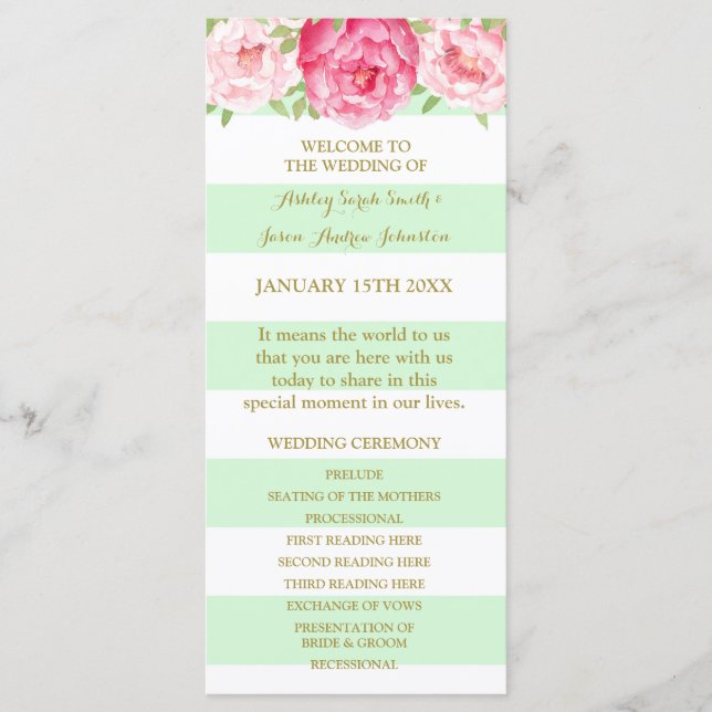 Mint Stripes Pink Watercolor Wedding Program Programme (Front)