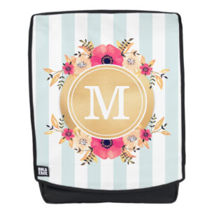 Mint Stripes Watercolor Flowers Faux Gold Monogram Backpack