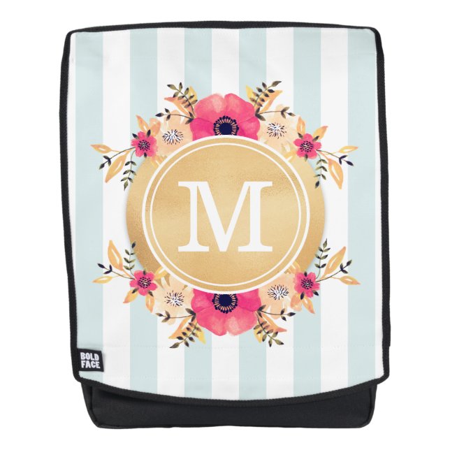 Mint Stripes Watercolor Flowers Faux Gold Monogram Backpack (Front)