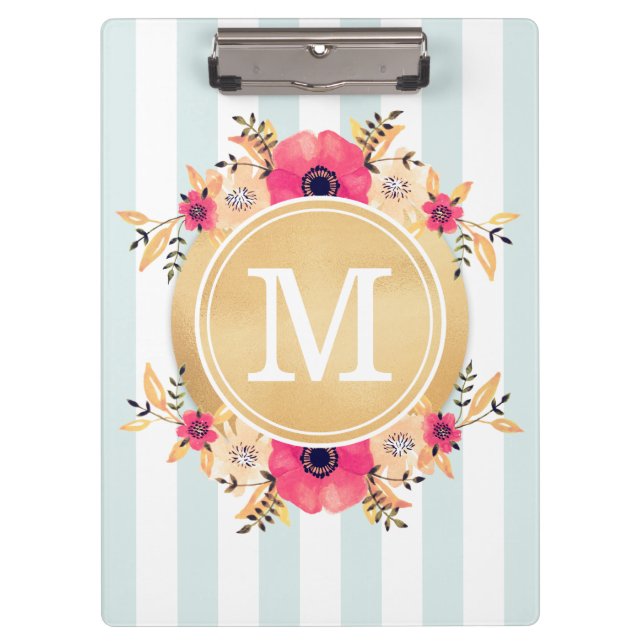 Mint Stripes Watercolor Flowers Faux Gold Monogram Clipboard (Front)