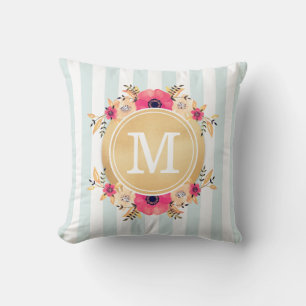 Mint Stripes Watercolor Flowers Faux Gold Monogram Cushion