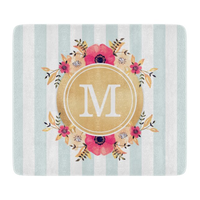 Mint Stripes Watercolor Flowers Faux Gold Monogram Cutting Board (Front)
