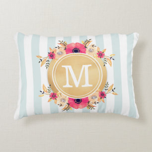 Mint Stripes Watercolor Flowers Faux Gold Monogram Decorative Cushion