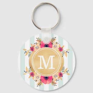 Mint Stripes Watercolor Flowers Faux Gold Monogram Key Ring