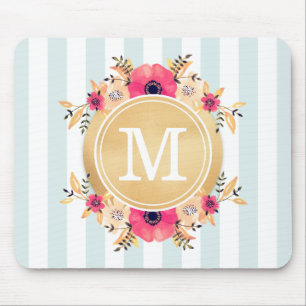 Mint Stripes Watercolor Flowers Faux Gold Monogram Mouse Mat