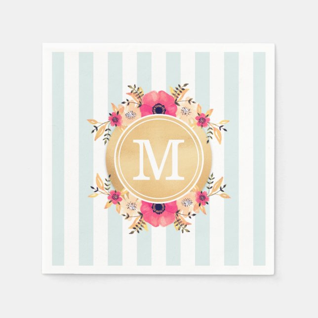 Mint Stripes Watercolor Flowers Faux Gold Monogram Napkin (Front)