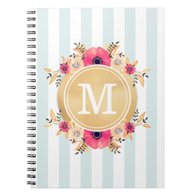 Mint Stripes Watercolor Flowers Faux Gold Monogram Notebook (Front)