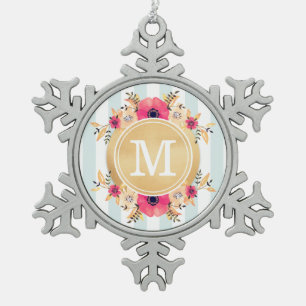 Mint Stripes Watercolor Flowers Faux Gold Monogram Snowflake Pewter Christmas Ornament
