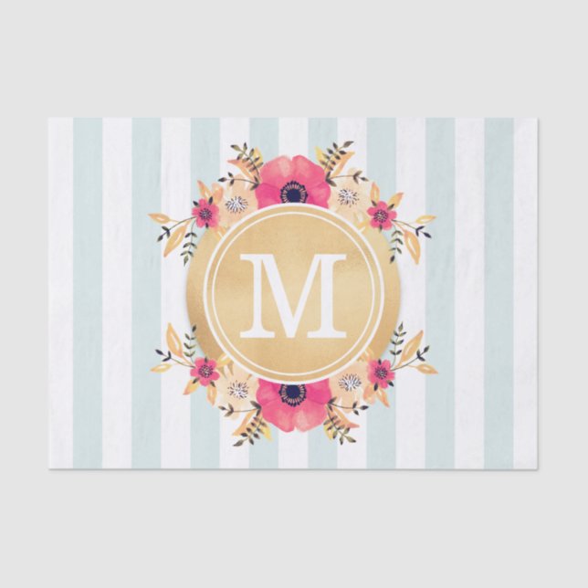 Mint Stripes Watercolor Flowers Faux Gold Monogram Tissue Paper (Front)
