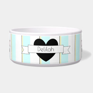 Mint Stripes with Black Heart Dog Food Bowl HAMbWG
