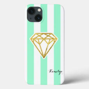 Mint Stripes with Gold Foil Diamond iPhone 13 Case