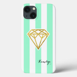 Mint Stripes with Gold Foil Diamond iPhone 13 Case