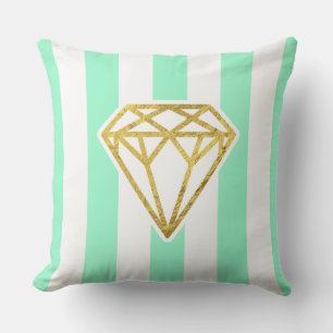 Mint Stripes with Gold Foil Diamond Cushion