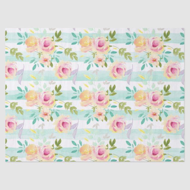 Mint Stripes Yellow Pink Floral Chic Tissue Paper (Front)