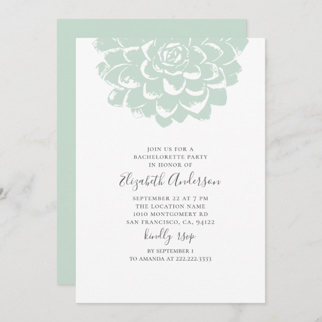 Mint succulent. Modern cactus bachelorette party Invitation (Front/Back)