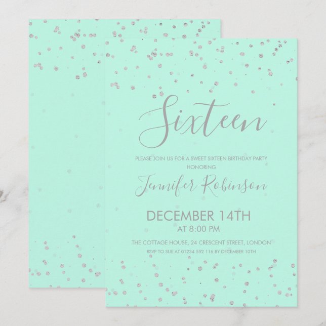 Mint Sweet 16 Birthday Party Silver Foil Dots Invitation (Front/Back)