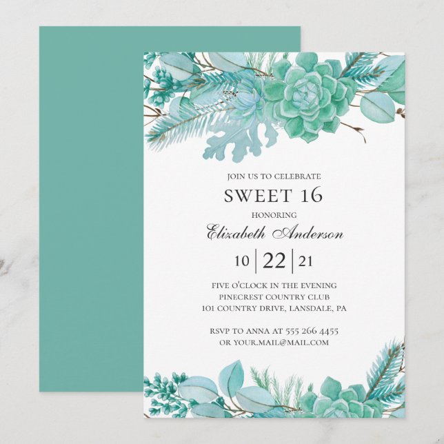 Mint Sweet 16. Watercolor succulents 16th birthday Invitation (Front/Back)