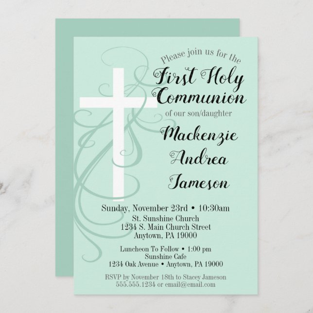 Mint Swirl Cross First Holy Communion Invitation (Front/Back)
