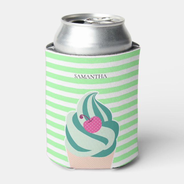 Mint Swirl Ice Cream Striped Personalised Can Cooler (Can Front)