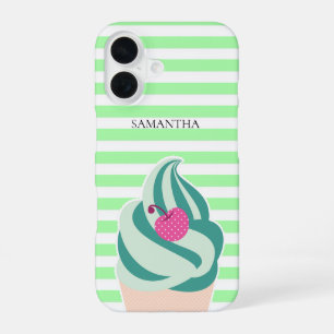 Mint Swirl Ice Cream Striped Personalised iPhone 16 Case