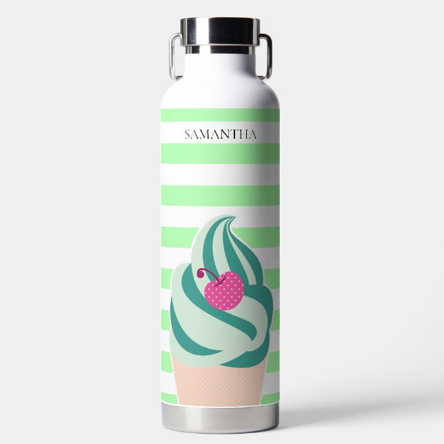 Mint Swirl Ice Cream Striped Personalised Water Bottle (Front)