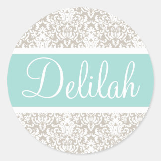 Mint Tan White Damask Custom Classic Round Sticker