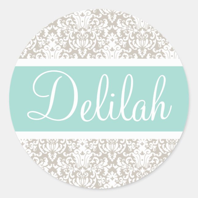 Mint Tan White Damask Custom Classic Round Sticker (Front)