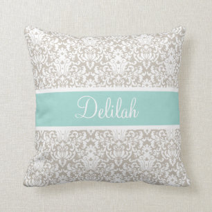 Mint Tan White Damask Custom Cushion