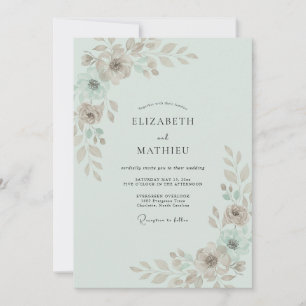 Mint Taupe Painted Leaf Wedding Invitation