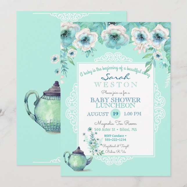 Mint Tea Teapot Watercolor Flowers Invitation (Front/Back)