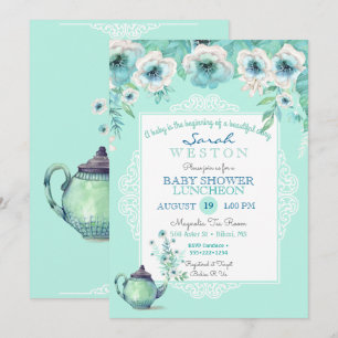 Mint Tea Teapot Watercolor Flowers Invitation