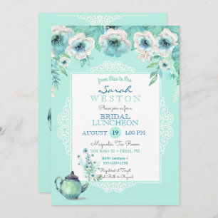 Mint Tea Teapot Watercolor Flowers Invitation