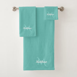 Mint Teal Aquamarine Green Monogram Name Bath Towel Set