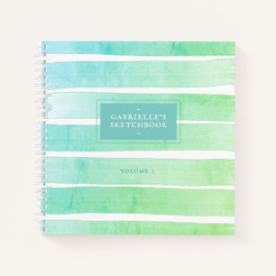 Mint Teal Blue Sketchbook Ombre Stripes with Name Notebook