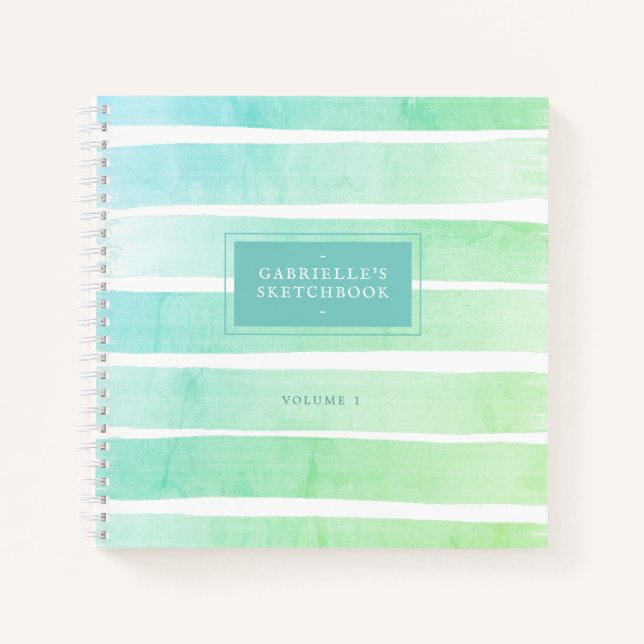 Mint Teal Blue Sketchbook Ombre Stripes with Name Notebook (Front)