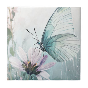 Mint Teal Butterfly Soft Pastel Floral Tile