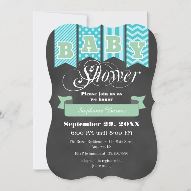Mint Teal Chalkboard Flag Baby Shower Invite (Front)