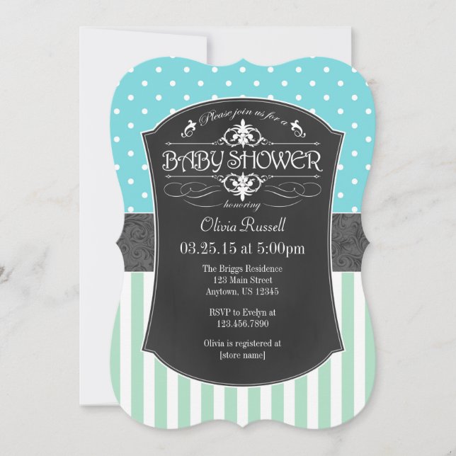 Mint Teal Chalkboard Stripes Baby Shower Invite (Front)