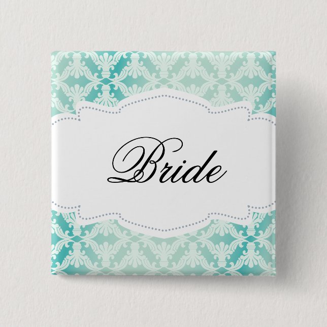 Mint & Teal Damask Bride 15 Cm Square Badge (Front)