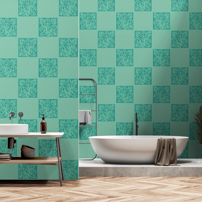 Mint teal flora tiled  wallpaper (Bathroom)